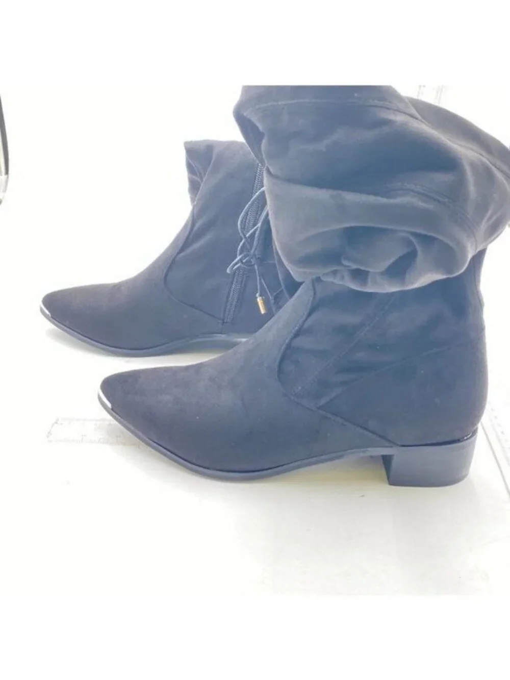 XYD Black Pointed Toe Block Low Heel Tie Back Lace Zipper Over The Knee Boot